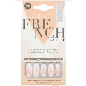 Salon Perfect Modern French Nail Set, Long Coffin, Warm‎ Pink, 24 Nails